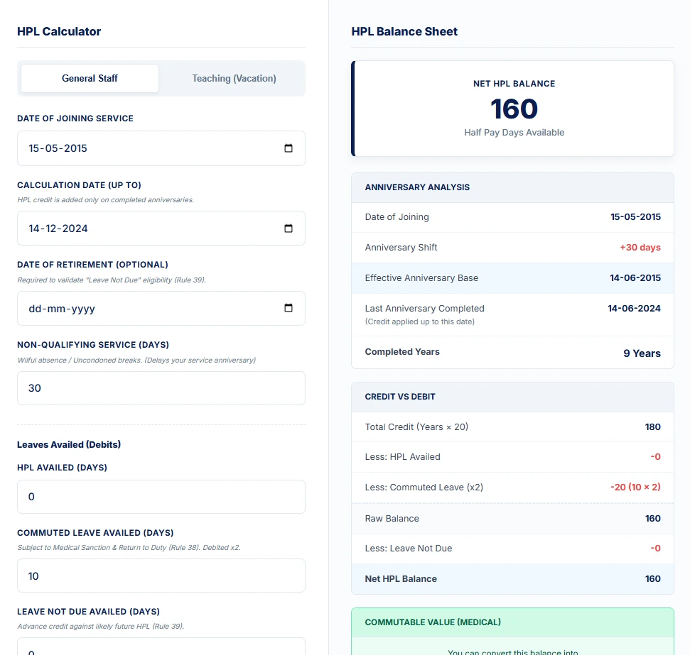 Half Pay Leave calculation example for Haryana Government employee showing anniversary shift and commuted leave debit