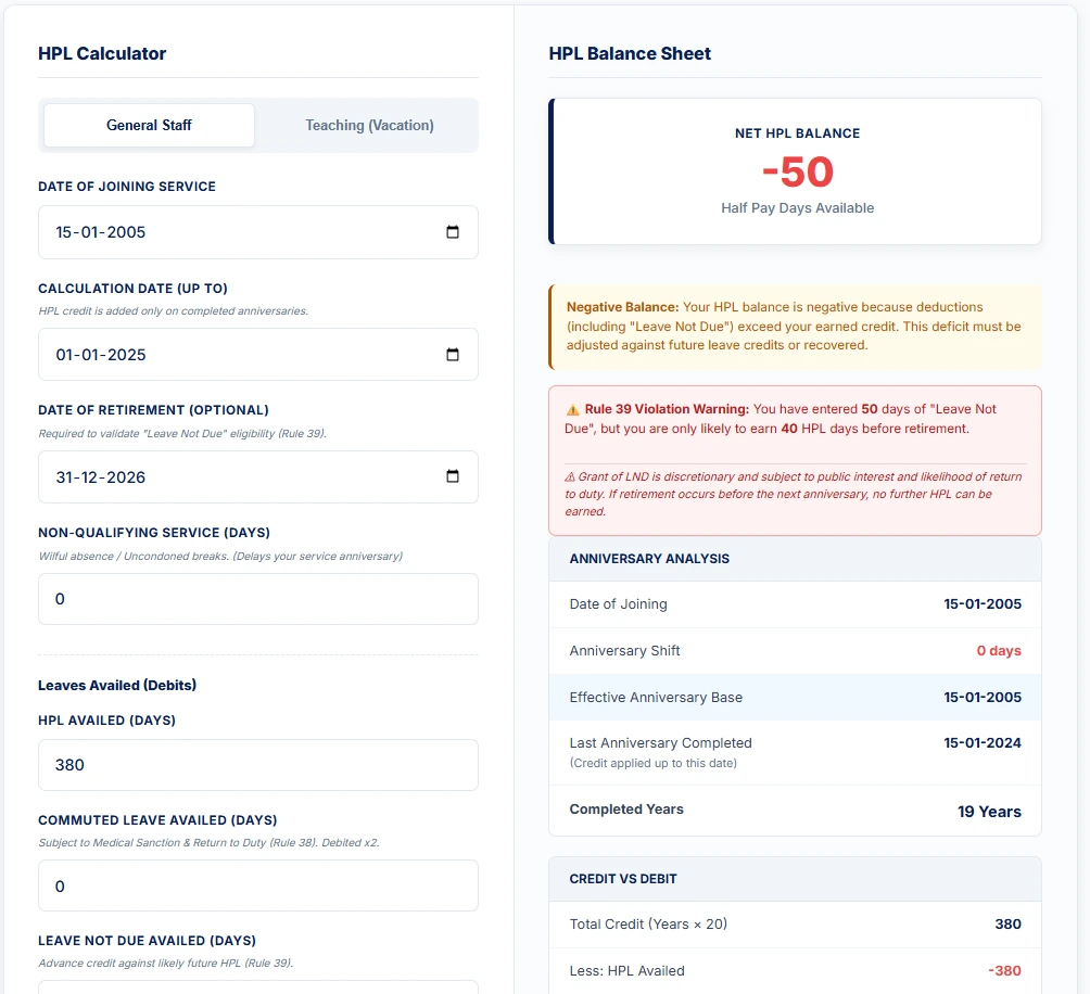 Illustrative example showing Leave Not Due calculation under Rule 39 for a Haryana Government employee near retirement