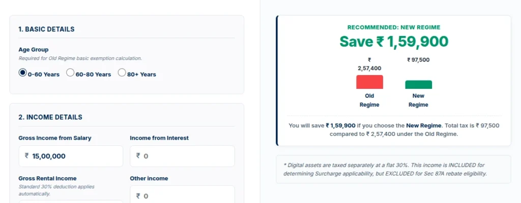 Income tax calculator result showing tax comparison for ₹15,00,000 salary under new tax regime and old tax regime for FY 2026-27
