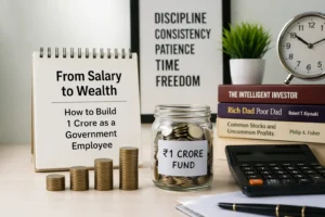 Government employee wealth plan showing salary to 1 crore journey with SIP, savings jar, calculator and investment strategy