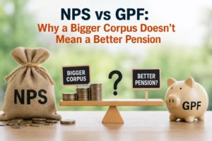 Comparison of NPS vs GPF pension in India showing larger NPS corpus vs stable OPS monthly pension with DA benefits