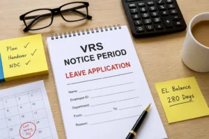 Desk setup showing VRS notice period leave application, calculator, office notes, and earned leave balance during voluntary retirement planning